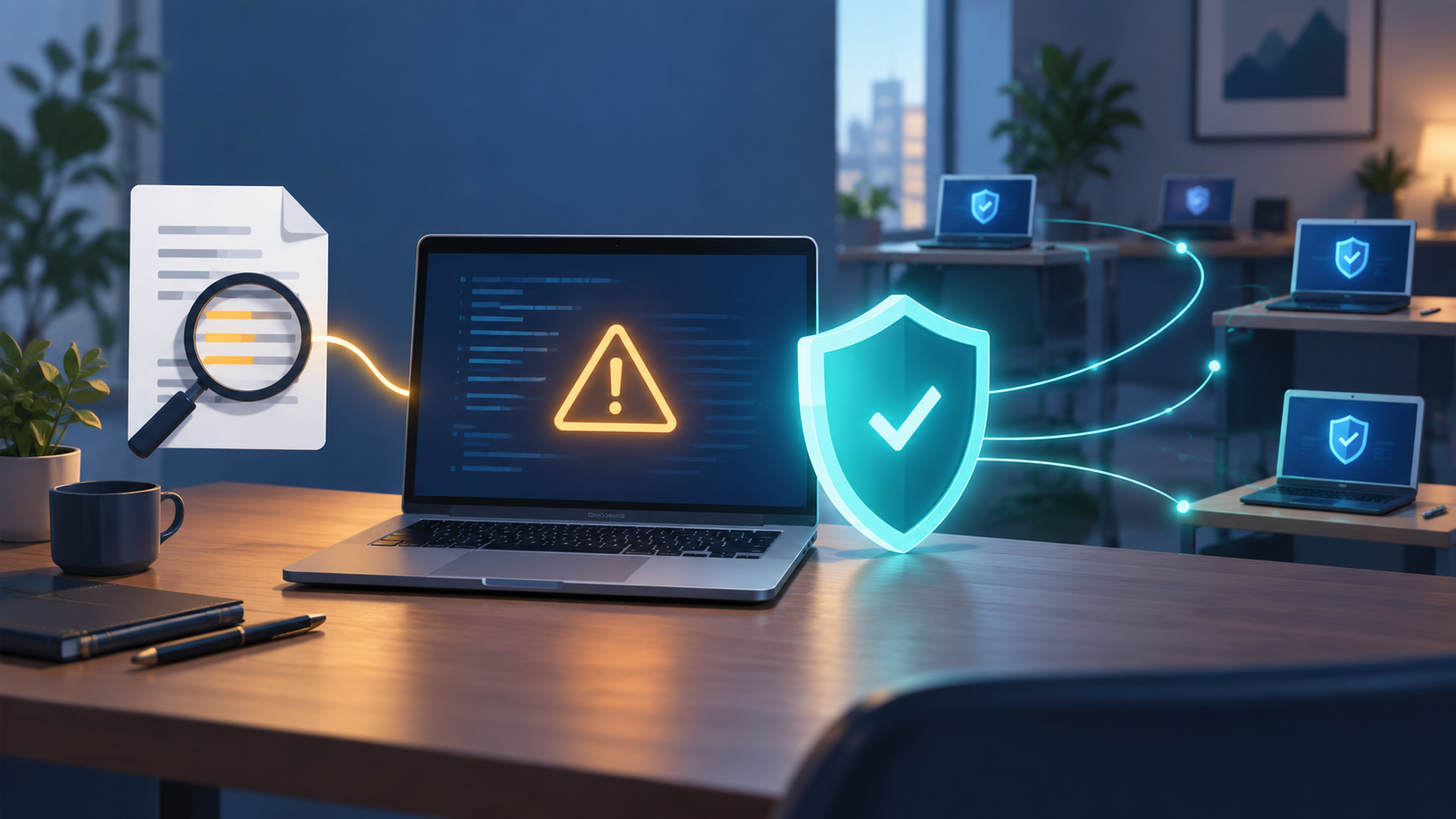 Illustration of a suspicious download being investigated on a laptop, with a shield connecting to other business computers.